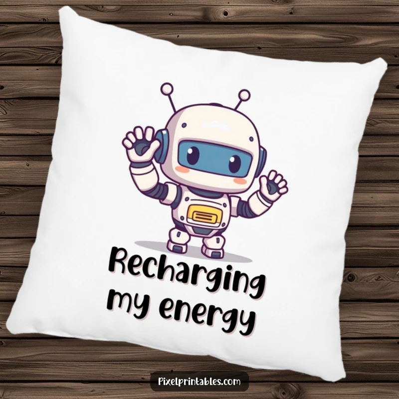 Funny Pixel Robot Pillow: Cute pixelated robot giving a friendly wave, soft retro pixel art accent pillow.