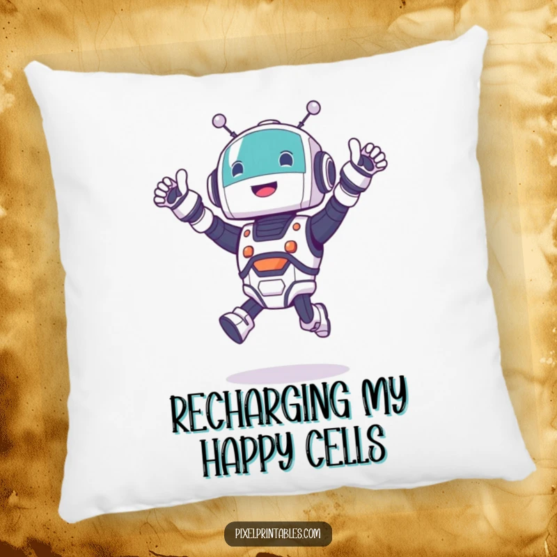 Funny jumping robot pillow featuring a cute character cheering excitedly, perfect for adding comfort and playful energy.