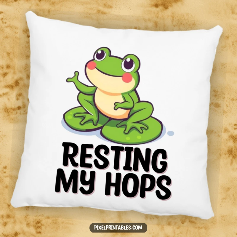 Funny Pixel Frog Pillow: A happy pixelated frog hopping on pixel lily pads, offering cozy comfort and retro gaming charm.