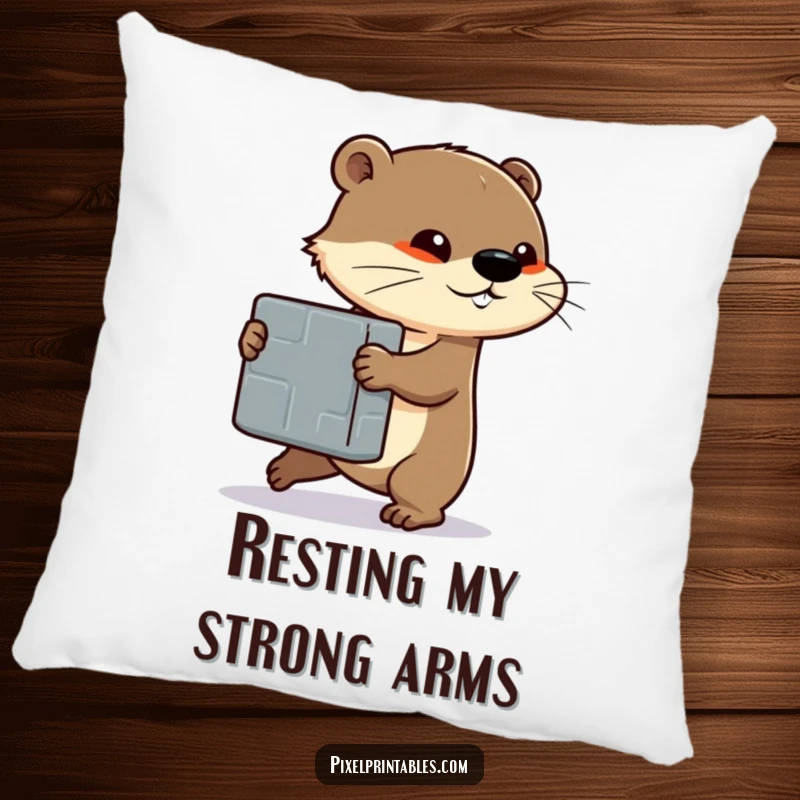 Funny pillow with a determined otter pushing a large pixelated block, offering comfort and a symbol of strength.