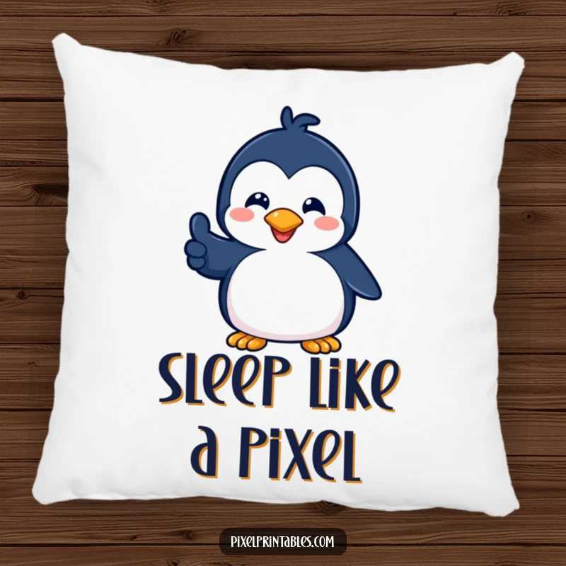 Funny pillow with a playful pixelated penguin giving a pixelated thumbs up, offering soft comfort and retro gaming appeal.