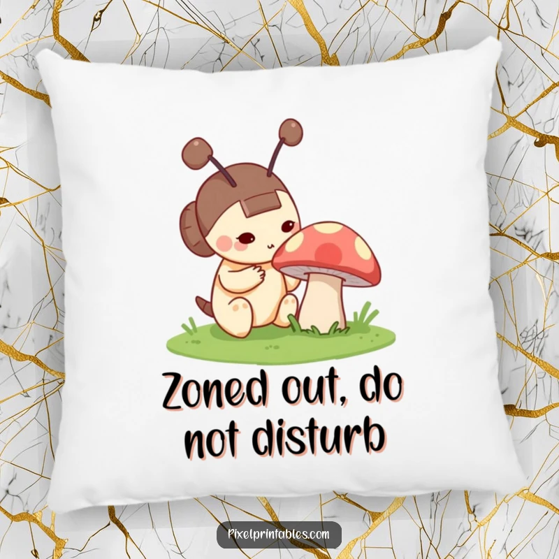 Funny pillow featuring a curious pixel character with blocky antennae examining a pixelated mushroom, offering comfort and retro gaming style.