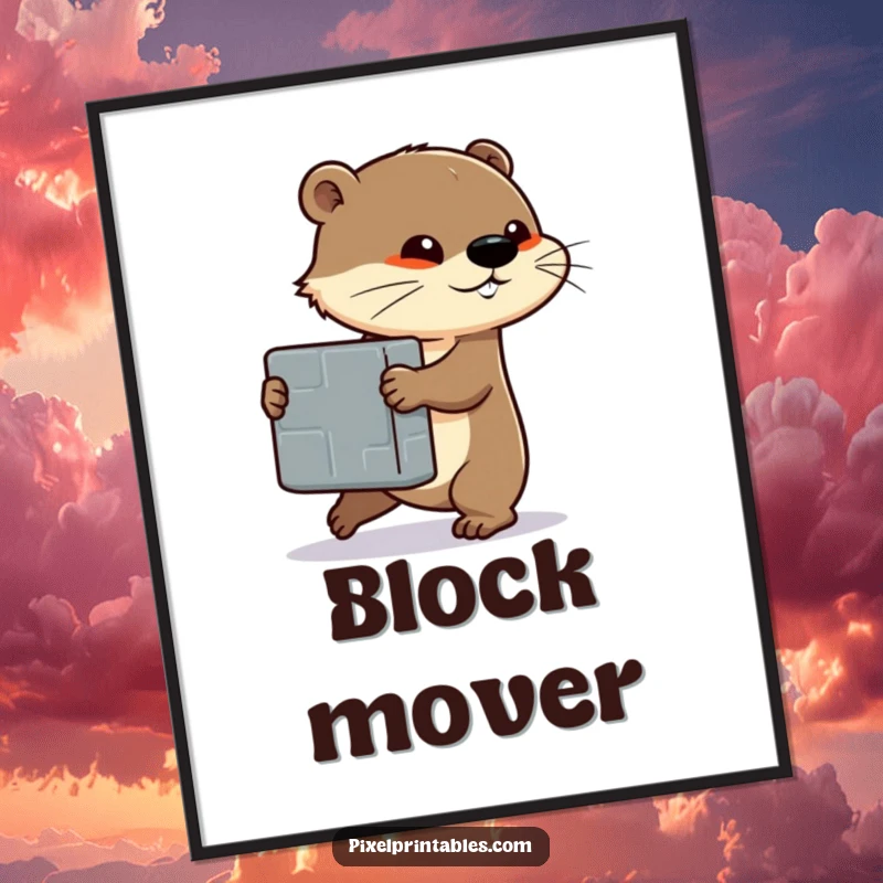 Funny digital art print of a determined otter character pushing a large pixelated block, symbolizing strength and progress.