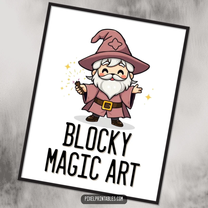 Funny blocky wizard character casting a sparkly spell, digital art print, retro fantasy wall art.