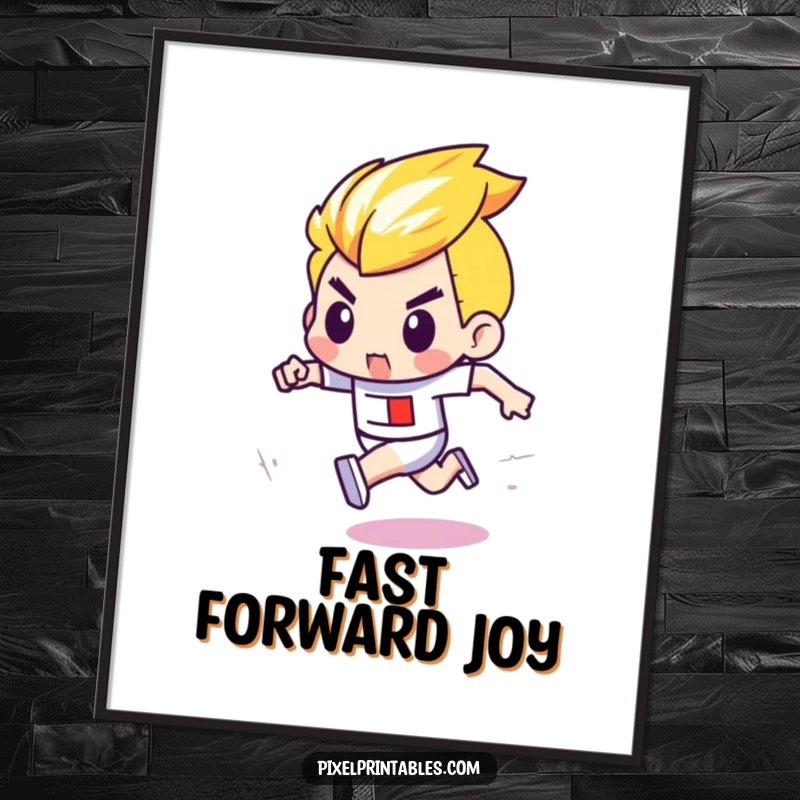 Funny digital art print of a determined pixel character with bold outlines winning a pixel race, evoking retro video game excitement.