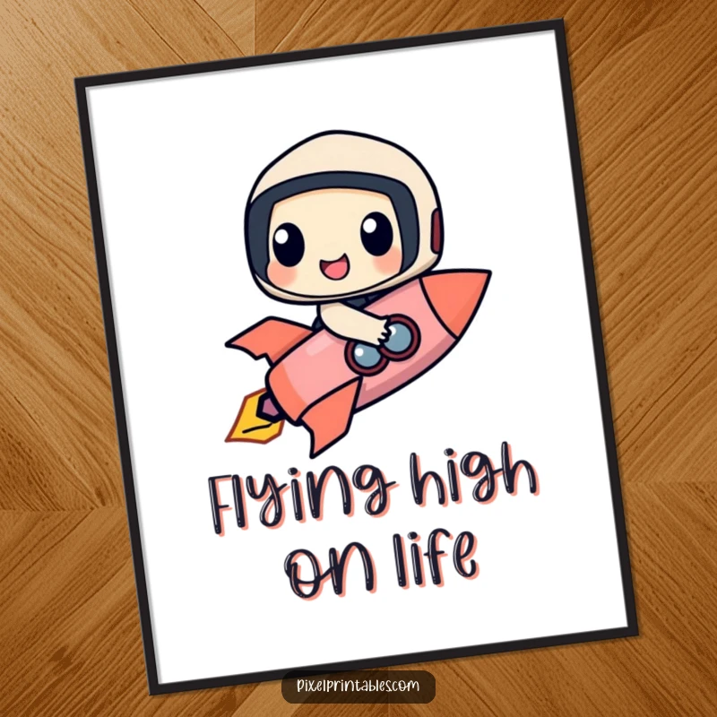 Funny digital art print of a happy pixel character, made of geometric forms, joyfully riding a pixelated rocket through a colorful galaxy.