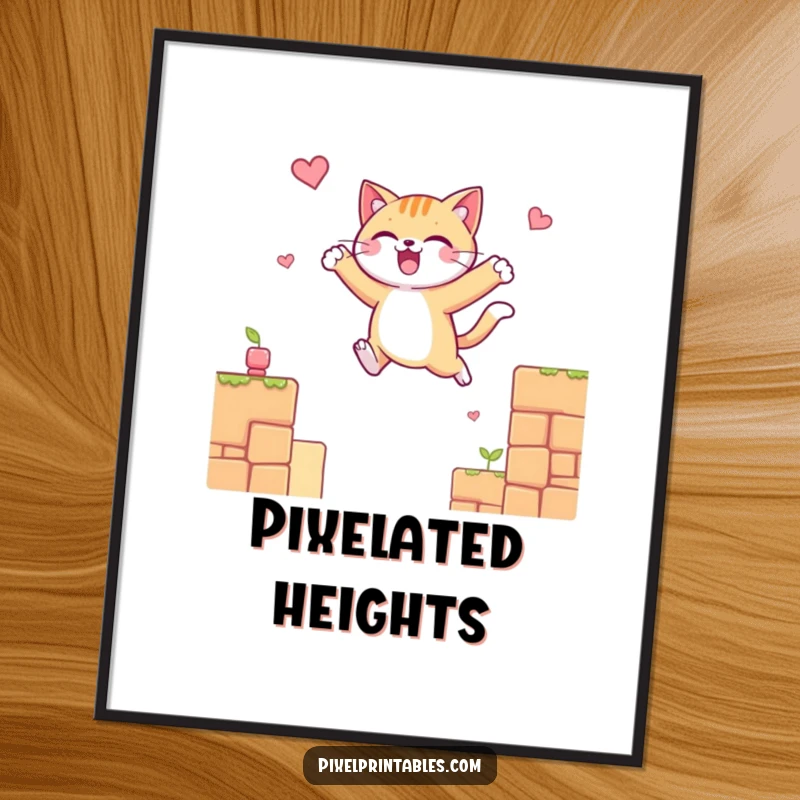 Funny digital art print of a cheerful cat character leaping between pixelated platforms, capturing the thrill of platformer games.