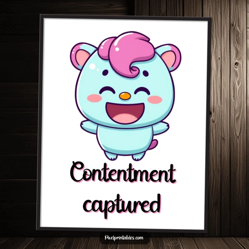 Funny digital art print of a content pixelated character with a warm smile, ideal for creating a cheerful atmosphere.