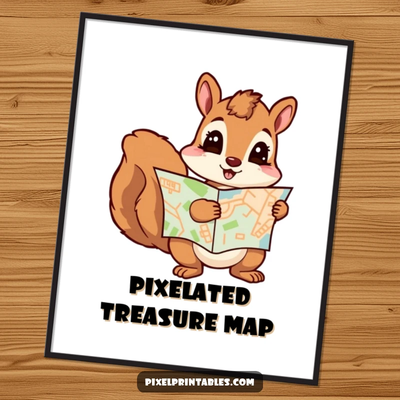 Funny squirrel holding a pixelated map, digital art print for download. Expresses curiosity and humor, ideal funny gift.