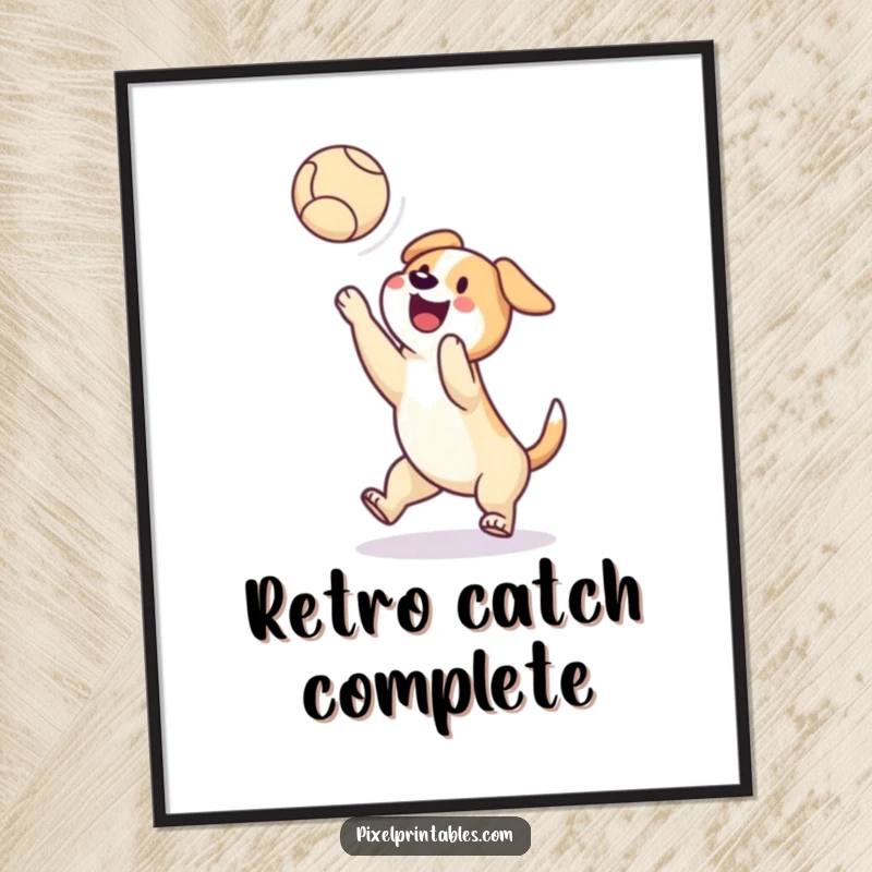 Funny digital art print of a happy pixelated dog joyfully catching a pixelated ball mid-air, celebrating retro gaming with pet humor.