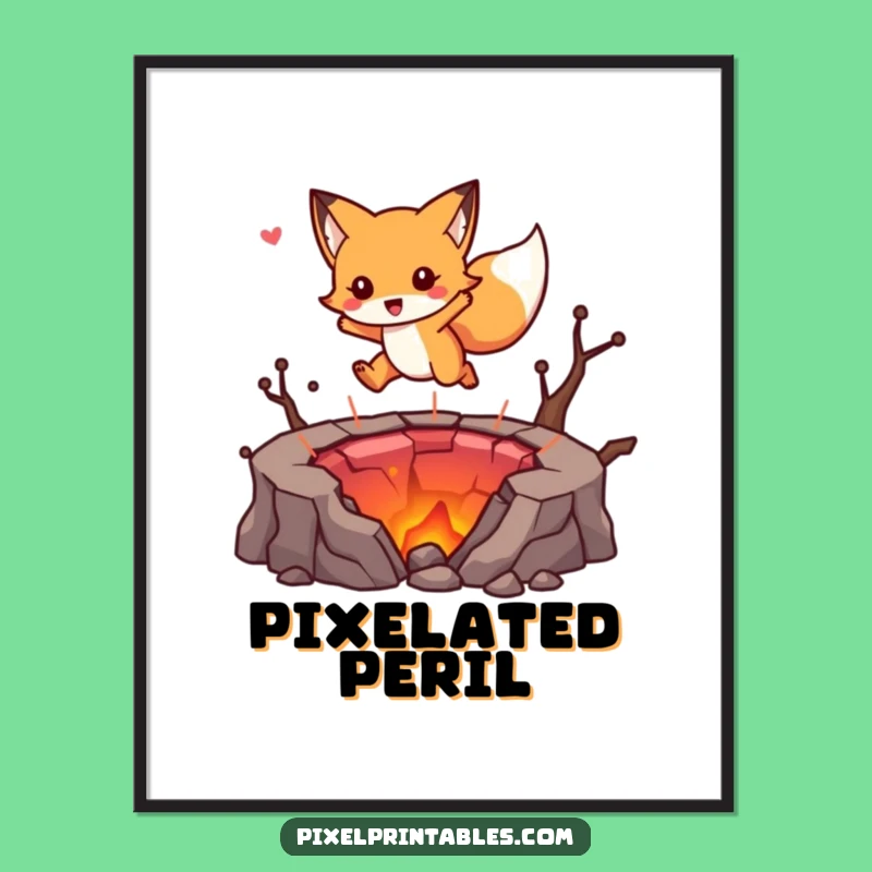 Funny Fox Lava Jump Digital Art: Instant Retro Gaming Decor, Awesome Funny Gift