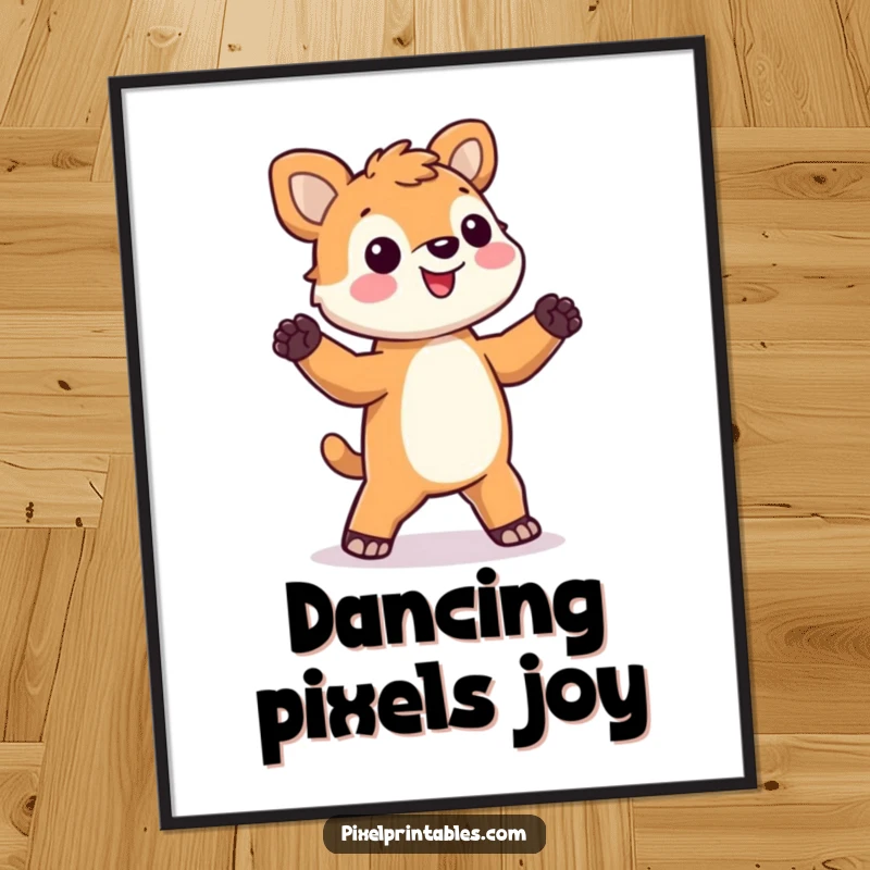 Funny pixel animal digital art of a happy, blocky animal doing a silly dance, perfect for instant printable wall decor.