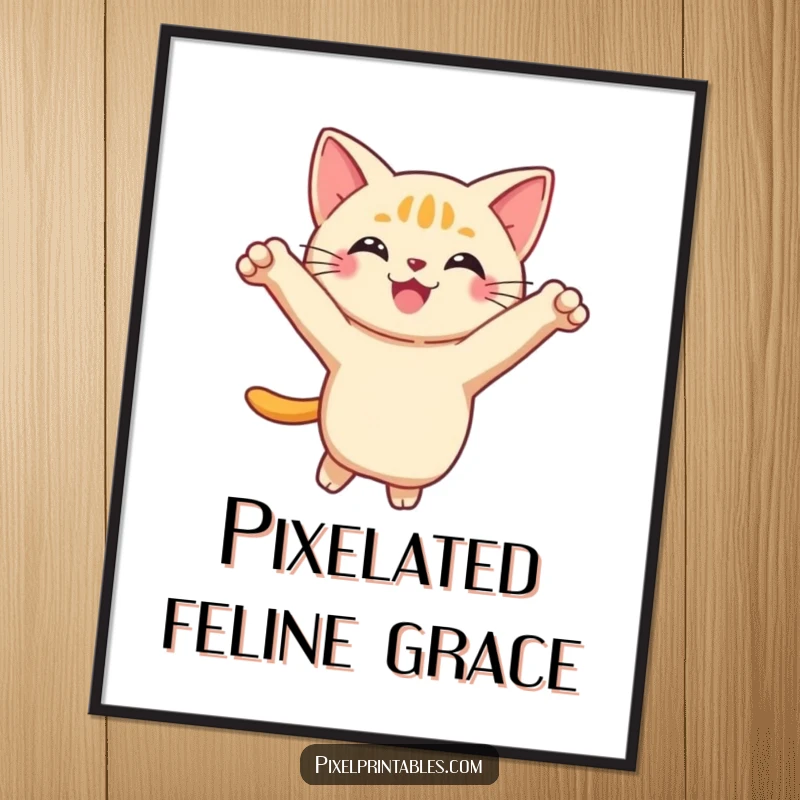 Funny Pixel Cat Digital Art Print featuring a smiling, pixelated cat performing a playful leap, ready for instant download and display.