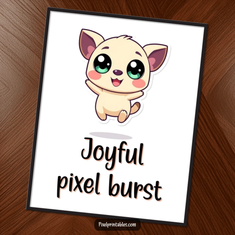 Funny digital art print of a stylized pixelated creature with large eyes, jumping happily, offering instant retro cheer.
