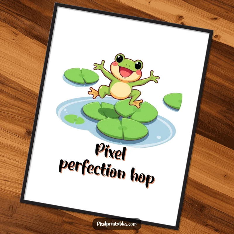 Funny pixel frog character leaping over lily pads, digital art print, retro pixelated design wall art.