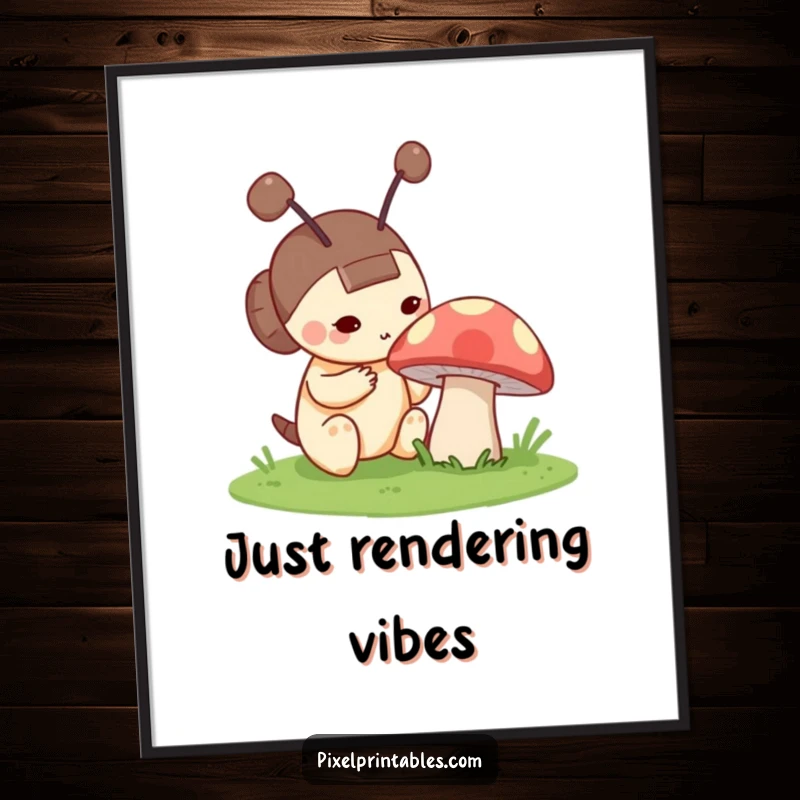 Funny digital art print of a curious pixel character with blocky antennae exploring a pixelated mushroom, showcasing retro video game aesthetics.