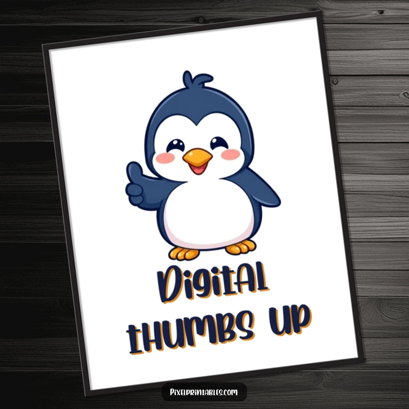 Funny digital art print of a playful pixelated penguin giving a pixelated thumbs up, offering instant retro gaming charm.