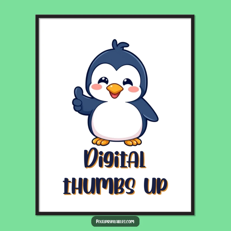 Funny Pixel Penguin Thumbs Up Digital Art: Printable Retro Decor, Amazing Funny Gift