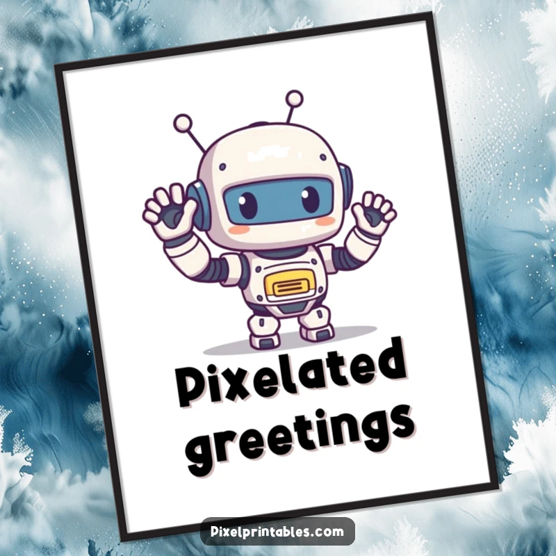 Funny Pixel Robot Digital Art Print: Adorable pixelated robot waving happily, retro pixel art for instant decor.