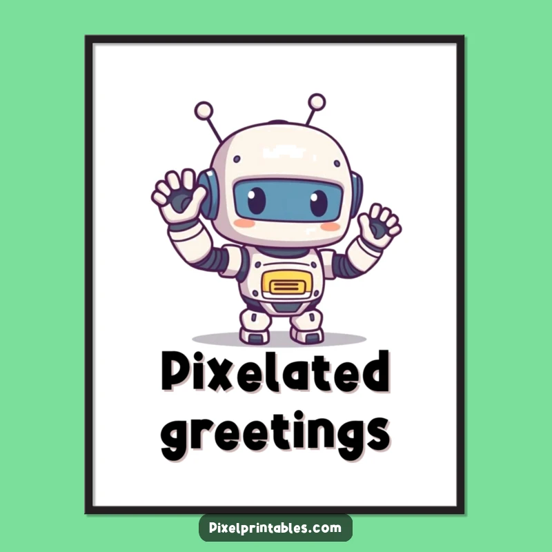 Funny Pixel Robot Digital Art: Happy Wave, Instant Retro Decor