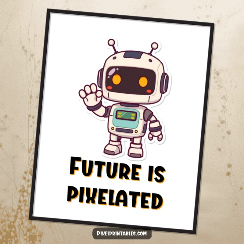 Funny Pixel Robot Digital Art Print featuring a cute, happy, pixelated robot waving, ready for instant download and display.