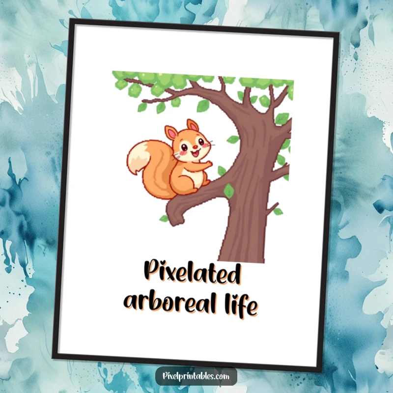 Funny Pixel Squirrel Digital Art Print featuring a cheerful, pixelated squirrel climbing a pixelated tree, ready for instant download and display.