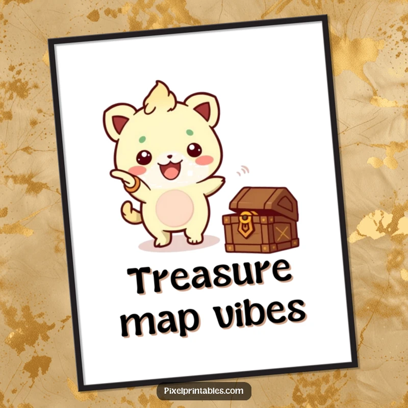 Funny Pixel Creature Treasure Digital Art Print, a cute pixelated creature pointing to a treasure chest, for instant decor.