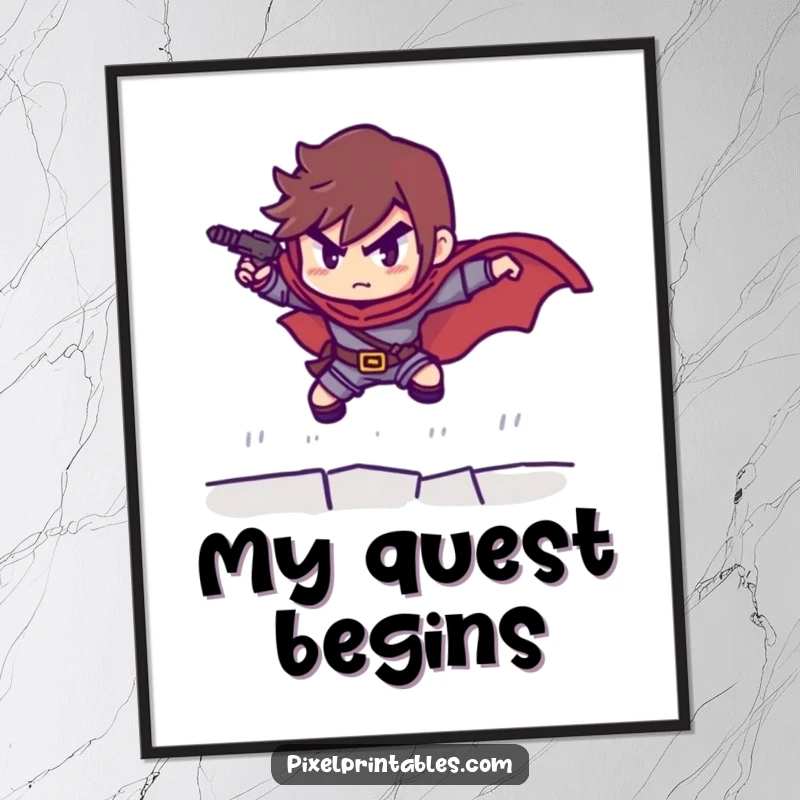 Funny digital art print of a determined pixelated hero in a dynamic leaping pose, perfect for gaming rooms.