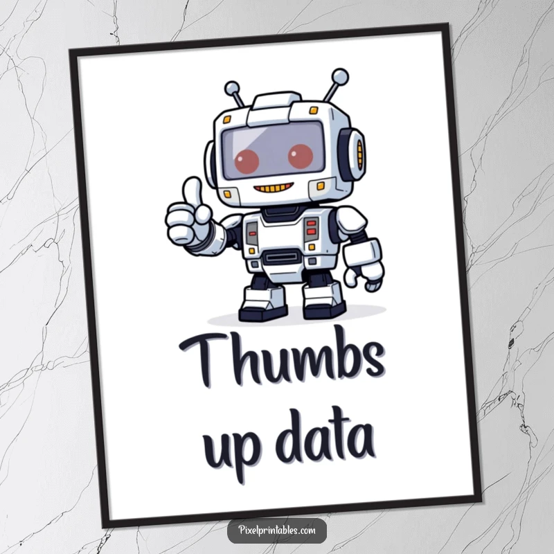 Funny digital art print of a blocky pixelated robot giving a thumbs up, perfect for instant humorous wall decor.