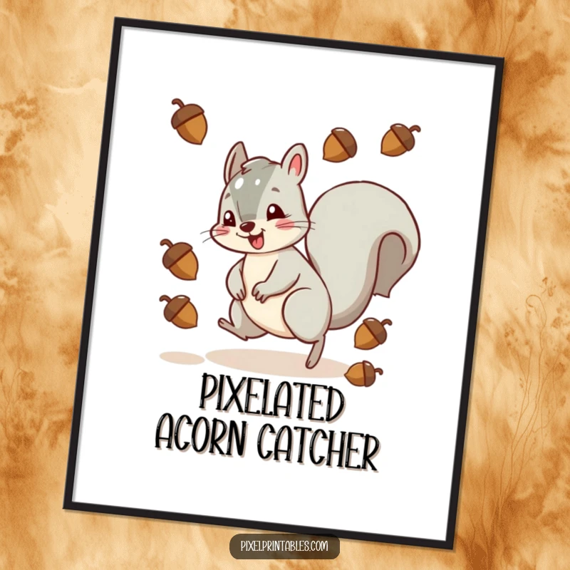 Funny squirrel character in a dynamic pixel art style, dodging acorns, a vibrant and humorous digital art print.