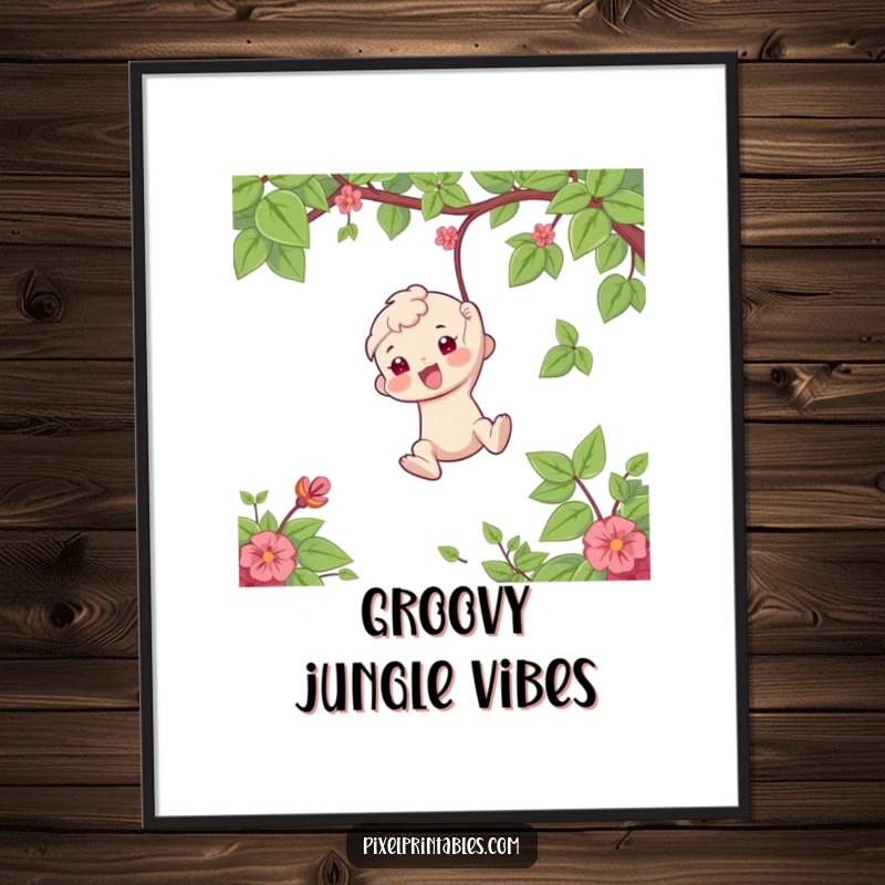 Funny Digital Art: Playful character swinging from a vine, symbolizing humor, adventure, and joy, ready to adorn any space as a funny gift.