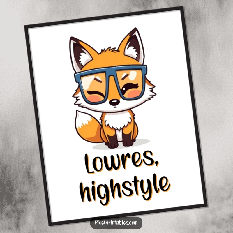 Funny Pixel Fox Digital Art Print: A winking pixelated fox wearing pixel glasses, a vibrant and humorous retro gaming artwork.