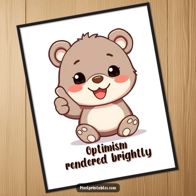 Funny Digital Art Print: A happy bear cub with pixelated fur gives a thumbs up, radiating positivity.