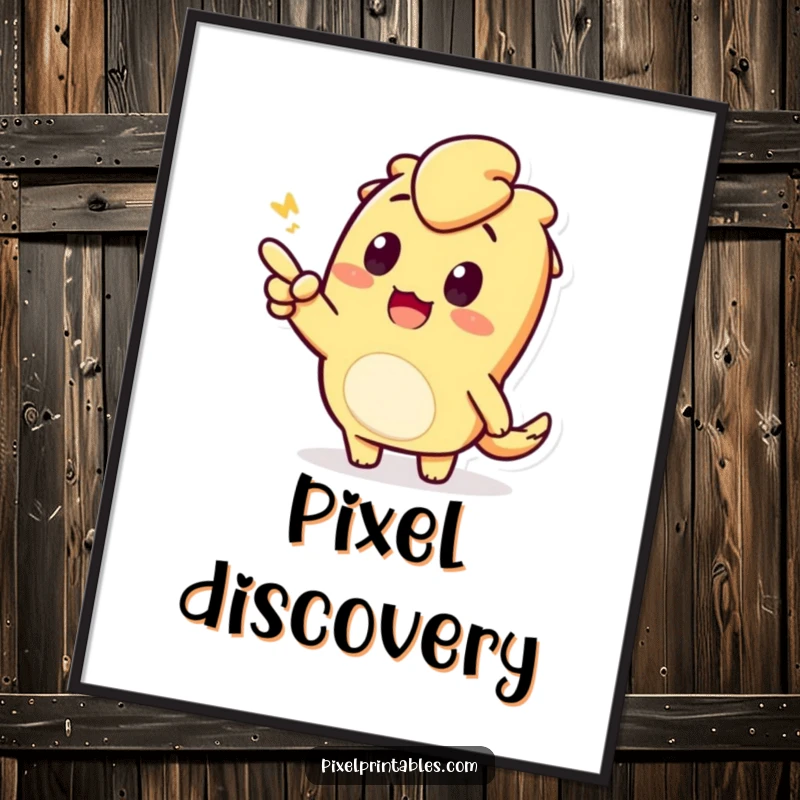 Funny digital art print of an enthusiastic pixelated character pointing. Inspires curiosity and discovery.