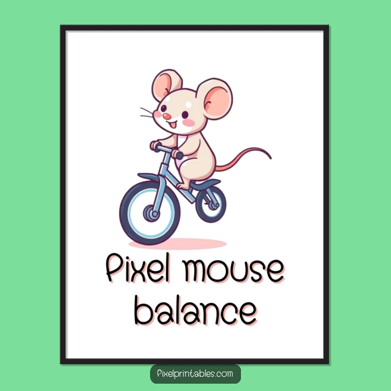 Funny Pixel Mouse Unicycle Digital Art: Printable Whimsical Decor, Amazing Funny Gift