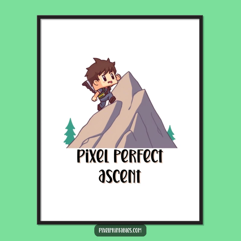 Funny Pixel Mountain Digital Art: Blocky Adventurer's Climb, Retro Funny Gift Print