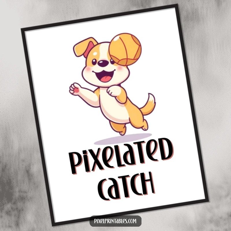 Funny digital art print of a pixelated dog catching a ball, offering instant retro gaming dog decor.