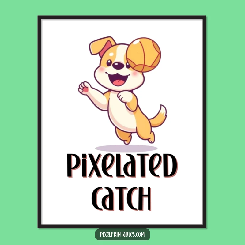 Funny Pixel Dog Ball Digital Art - Instant Retro Dog Decor