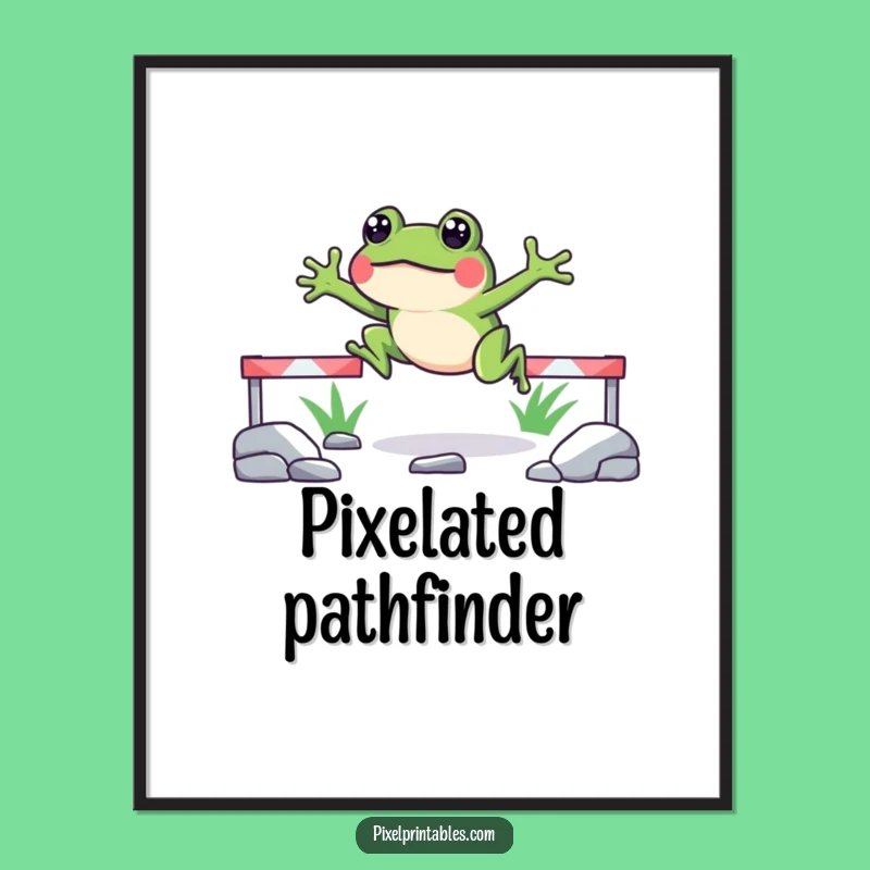 Funny Pixelated Frog Jump Digital Art Print Instant Retro Gaming Wall Decor