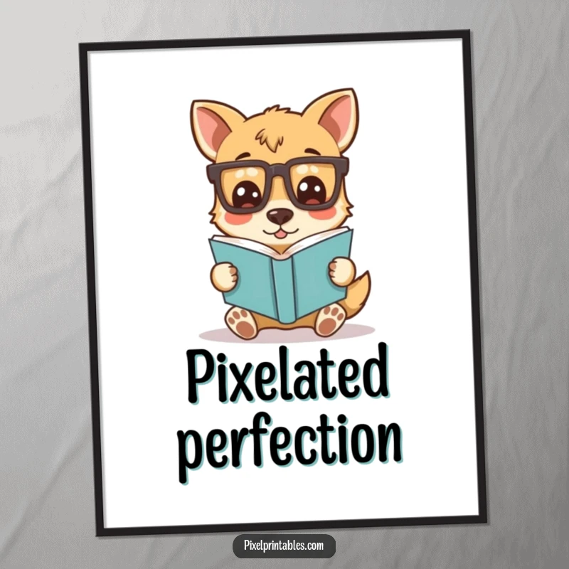 Funny digital art print of a silly dog character wearing pixelated glasses and engrossed in a book, perfect for adding nerdy humor and charm.