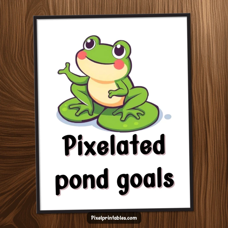 Funny Pixel Frog Digital Art Print: A happy pixelated frog hopping on pixel lily pads, creating whimsical retro gaming decor.