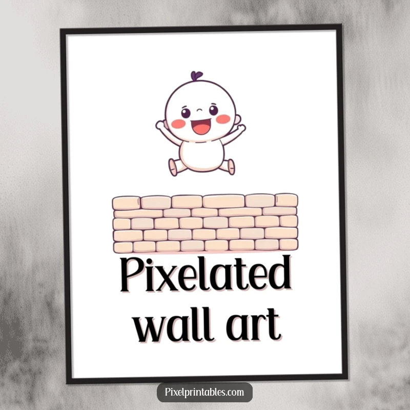 Funny Digital Art Print of a gleeful pixel character leaping over a pixel wall, perfect for instant retro and humorous decor.
