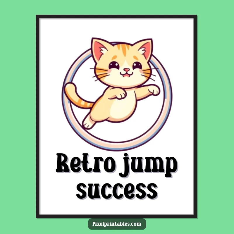 Funny Digital Art Print: Pixel Cat Hoop Jump, Retro Instant Gift!
