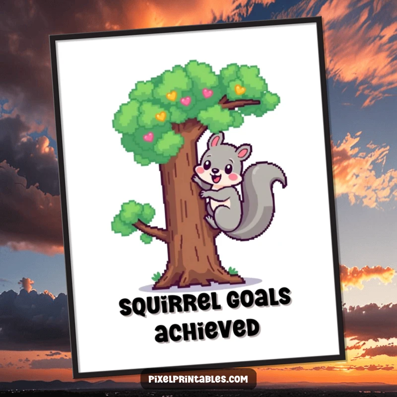Funny Pixel Squirrel Digital Art Print: Cheerful pixelated squirrel climbing a pixel tree, pixel art for instant decor.