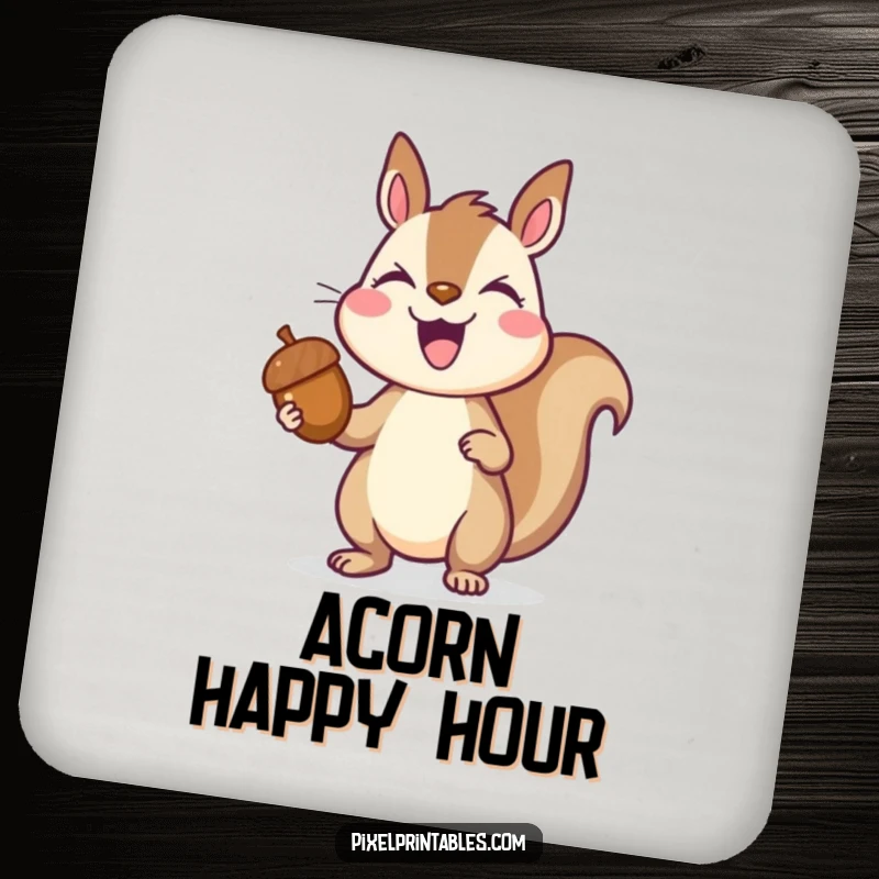 Funny pixelated squirrel triumphantly holding a pixelated acorn, joyful expression, retro pixel art drink coaster, protective surface.