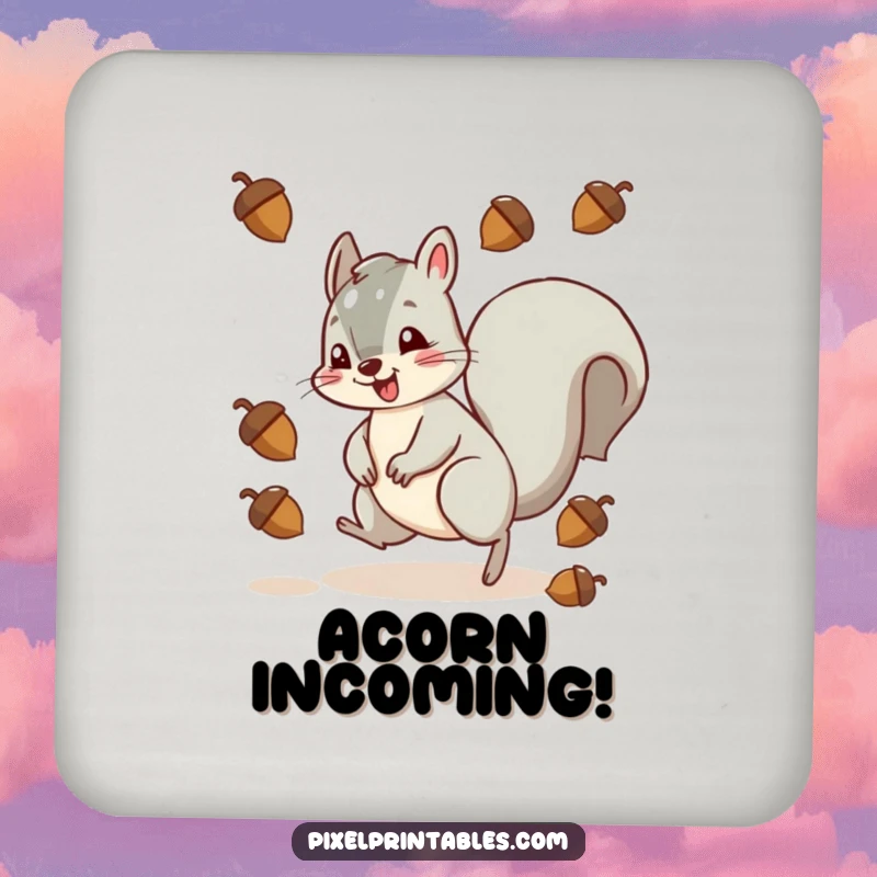 Funny squirrel character in a pixelated acorn dodging scene, a durable and humorous drink coaster.