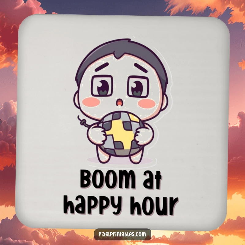 Funny pixel bomb coasters featuring a surprised character with square eyes wide, holding a pixelated bomb, protecting tables.