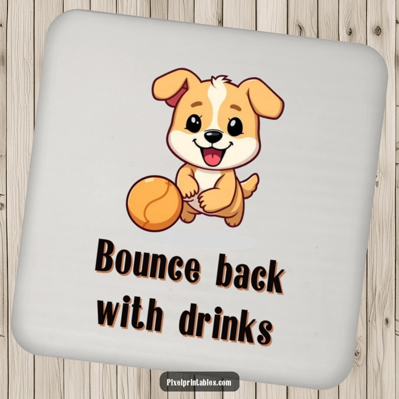 Funny drink coaster featuring a cheerful, pixelated dog character chasing a bouncing ball, adding humor to your table.
