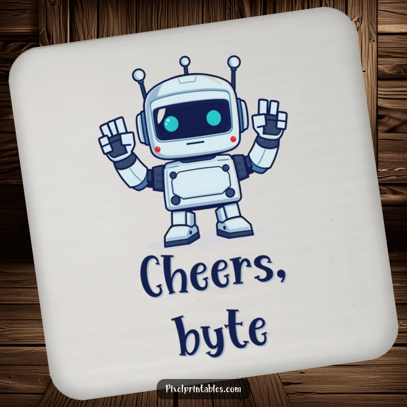 Funny drink coaster featuring a pixelated robot enthusiastically waving with square hands, perfect for retro surface protection.