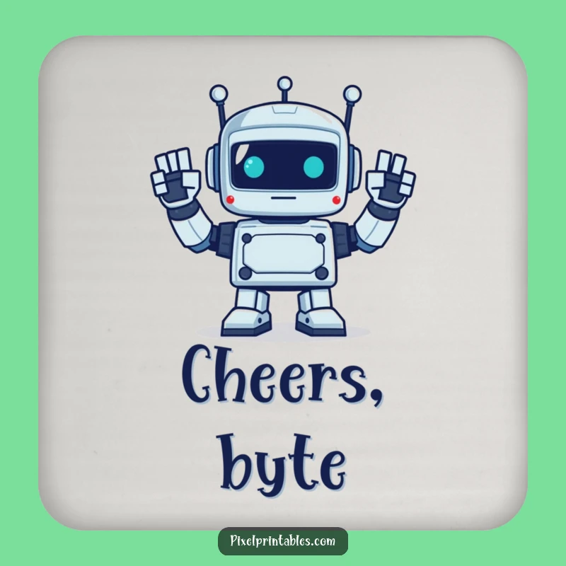 Funny Pixel Robot Waving Coaster - Retro Surface Protection Gift!